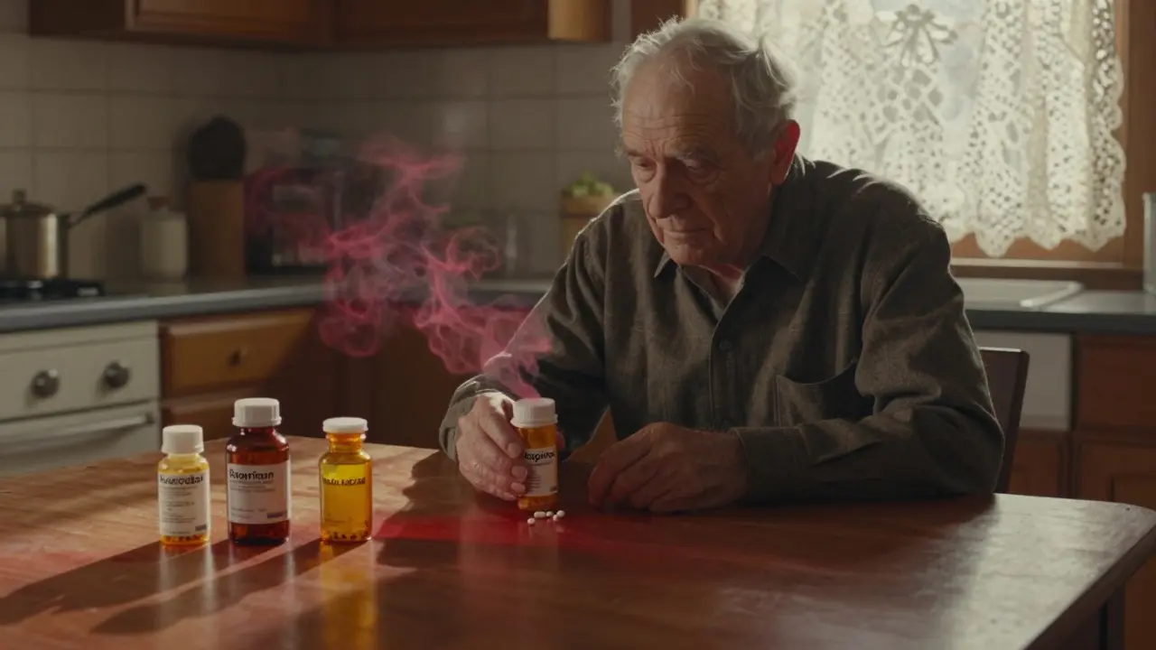 Un uomo anziano con farmaci sul tavolo, ombre rosse che si alzano dai compresse.