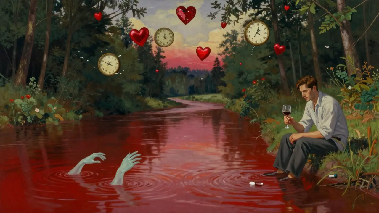 Un uomo tiene un bicchiere di vino e una pillola antidepressiva, mentre mani eteree emergono da un fiume rosso, rappresentando il pericolo della sindrome da serotonina.