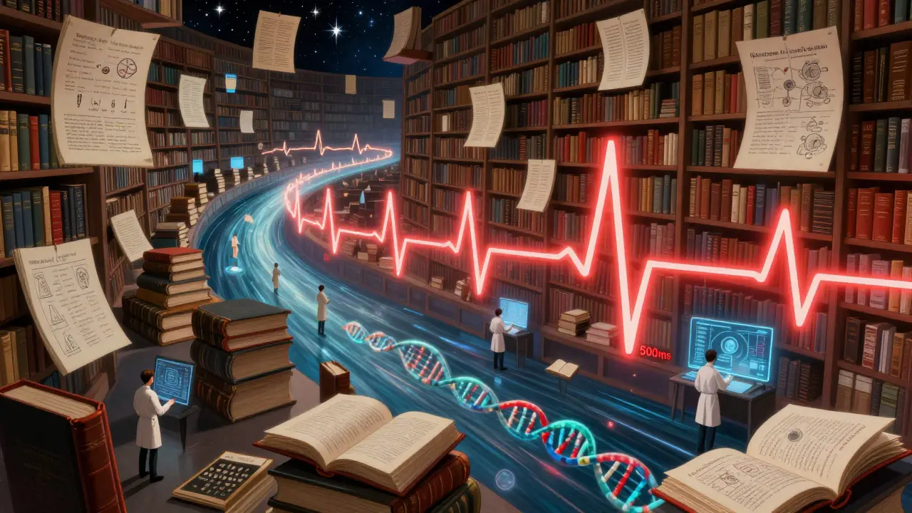 Una biblioteca fluttuante di farmaci e ECG mostra onde cardiache pericolose, circondate da medici e DNA in un mondo onirico.
