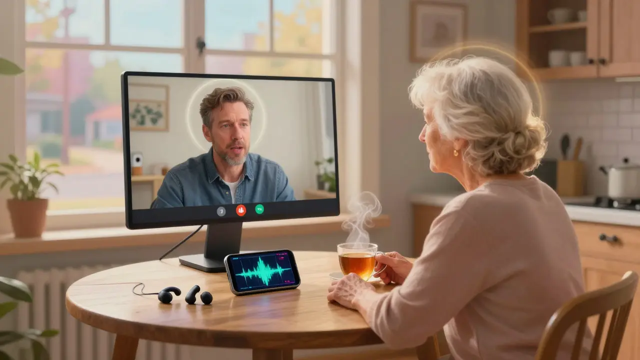 Una donna in cucina partecipa a una videochiamata con un audiologo, mentre onde sonore trasparenti fluttuano nell'aria intorno al suo smartphone.