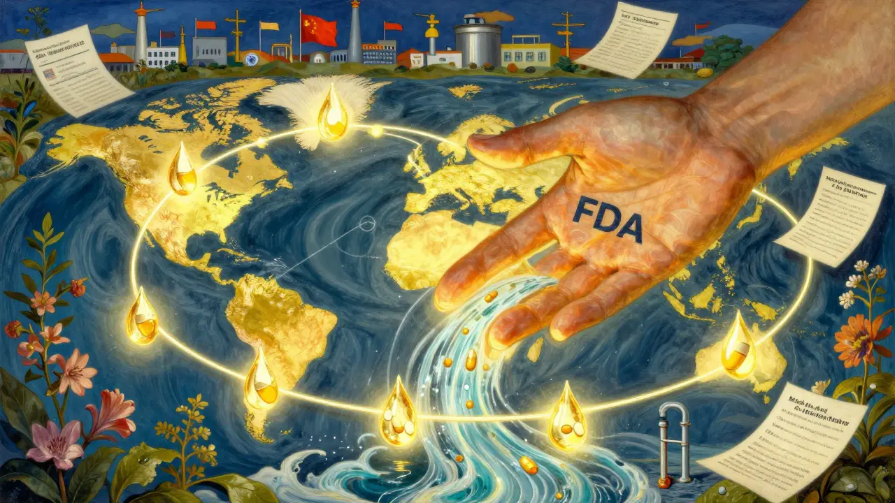 Una fiume luminoso di pillole che scorre da fabbriche globali verso una farmacia, guidato da una mano simbolo della FDA.