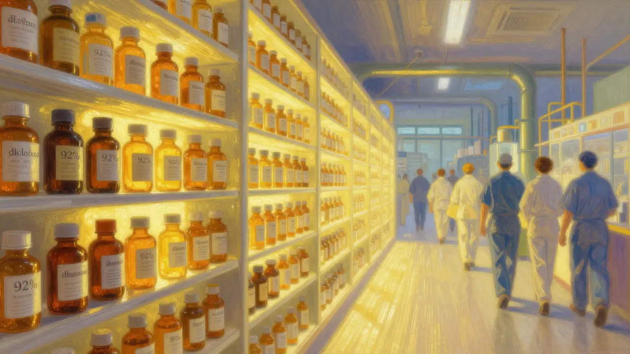 Una scaffalatura di farmaci con la maggioranza generica illumina un percorso verso lavoratori che tornano al lavoro, in stile luminoso e onirico.