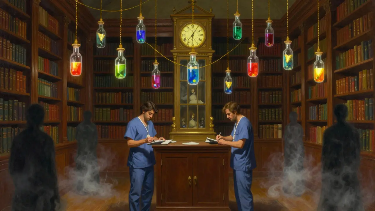 Viali di farmaci fluttuanti collegati a un orologio del 2025, con due operatori che aprono un armadio sicuro in una biblioteca medica incantata.