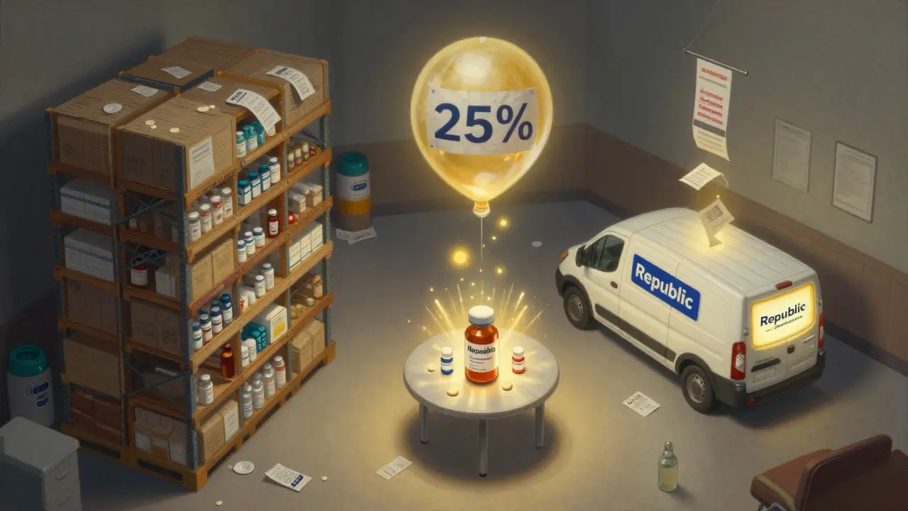 Vista dall'alto di una stanza di stoccaggio con tre canali di approvvigionamento farmaceutici simbolizzati da strutture luminose e farmaci in evidenza.