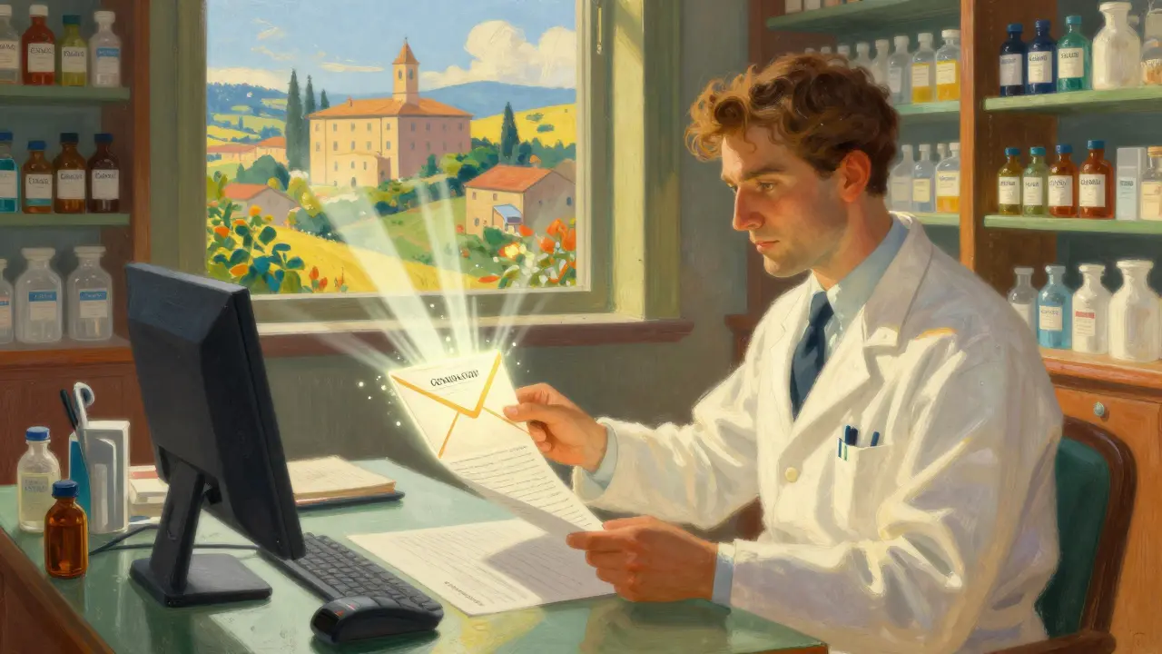 Farmacista invia segnalazione con luce dorata verso edificio.