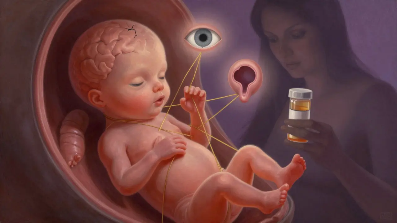 Feto trasparente con anomalie illustrate come occhio rotto, esofago bloccato e valvola polmonare restringata.