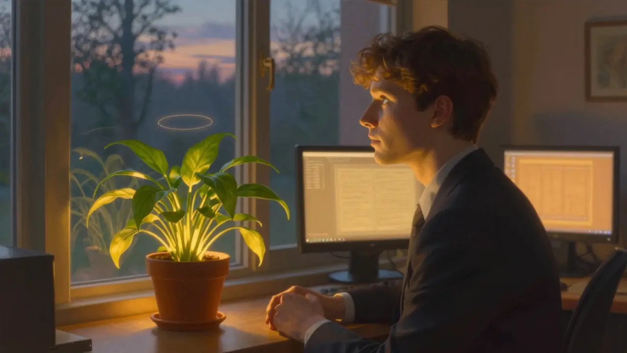 Giovane che guarda fuori dalla finestra durante la pausa 20-20-20, con piante di spinaci e schermi in modalità notte.