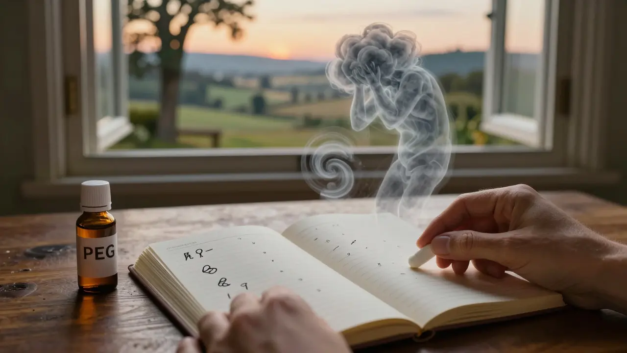 Mano che tiene un diario con simboli intestinali, olio di menta e pillola, con nuvole di stress che si alzano.