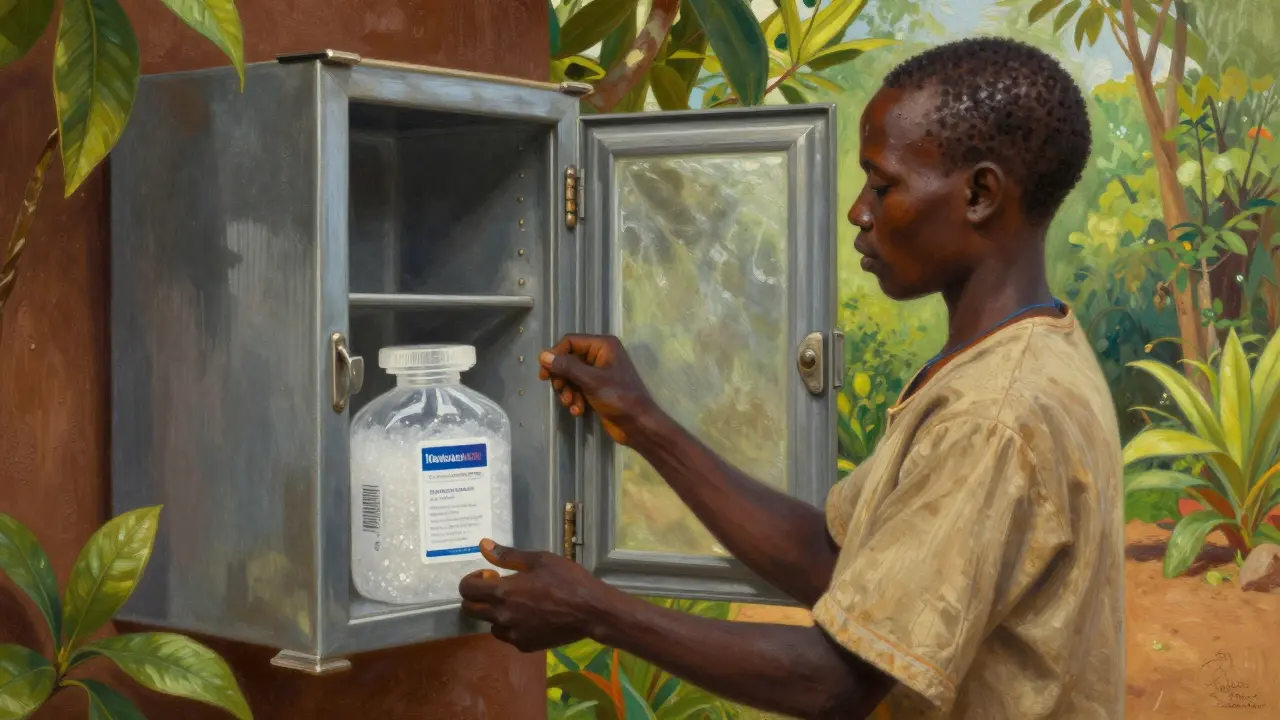 Operatore sanitario che apre armadietto desiccante in Uganda