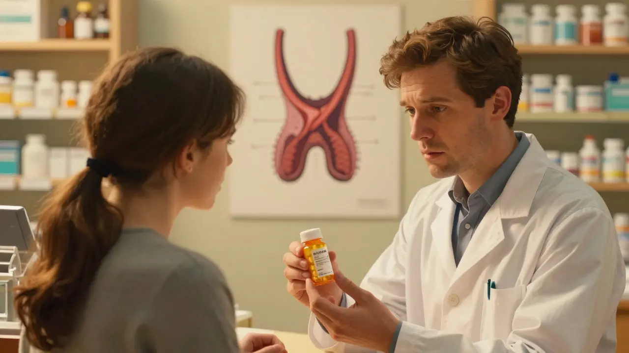 Paziente e farmacista discutono di levothyroxine con luce calda.