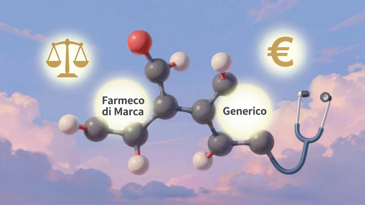 Strutture molecolari identiche di farmaco di marca e generico fluttuano in una luce eterea.