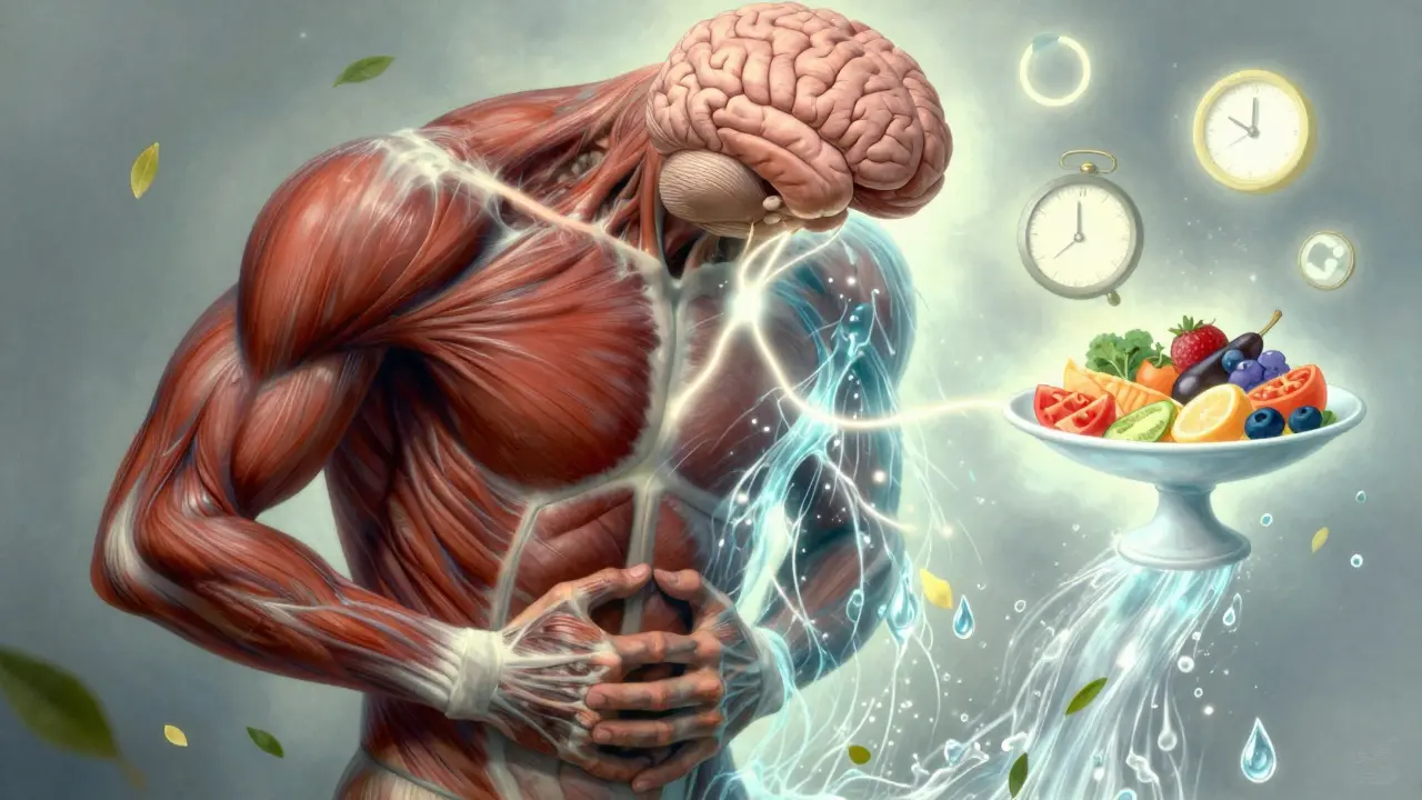 Torso diviso tra costipazione e diarrea, collegato a un cervello luminoso, con simboli di terapia e alimentazione.