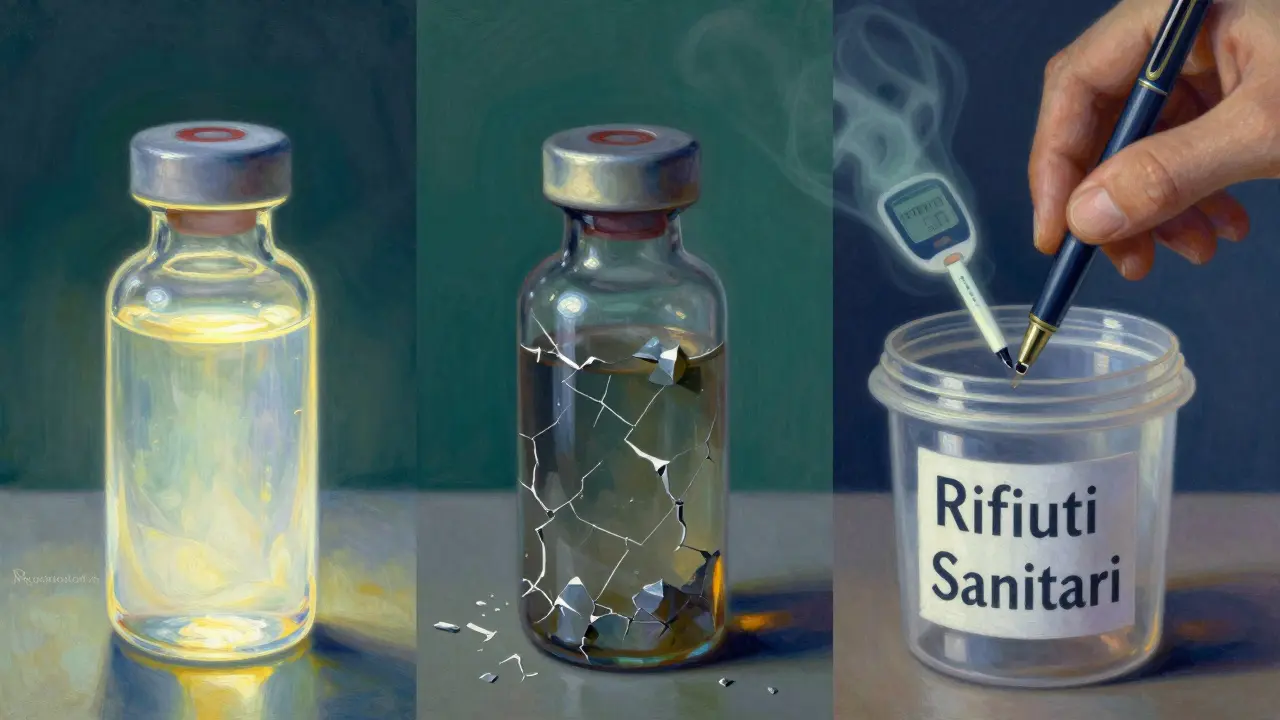 Tre immagini simboliche: insulina sana, degradata e smaltita in sicurezza, con colori luminosi e ombre misteriose in stile pittorico.