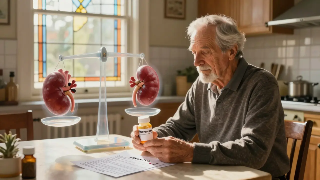 Un paziente anziano con un referto eGFR 42 e una bottiglia di metformina, in una luce calda e dorata.