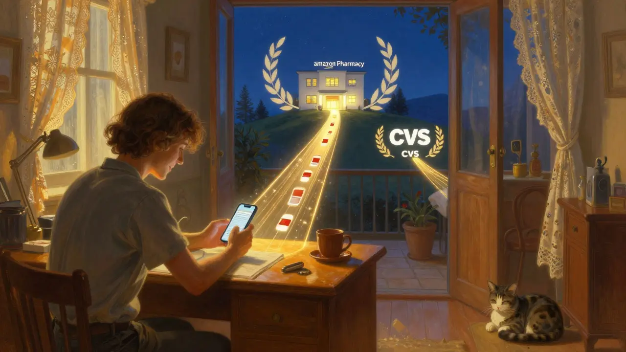 Un paziente italiano guarda lo schermo di un telefono mentre una via di luce dorata conduce a una farmacia online sulle colline.