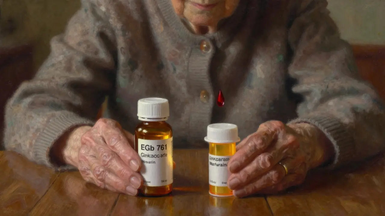 Una donna che osserva un integratore di ginkgo e la warfarina accanto, con gocce di sangue sospese nell'aria.