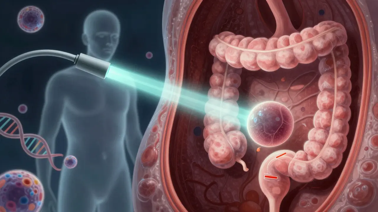 Una lesione serrata nascosta nella parte destra del colon, rivelata da una luce eterea durante una colonoscopia.