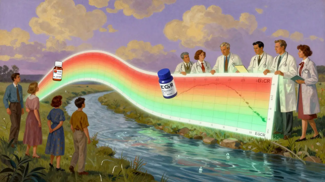 Una tabella eGFR che fluisce come un fiume, con pazienti che camminano lungo la riva, simbolo di cura personalizzata.