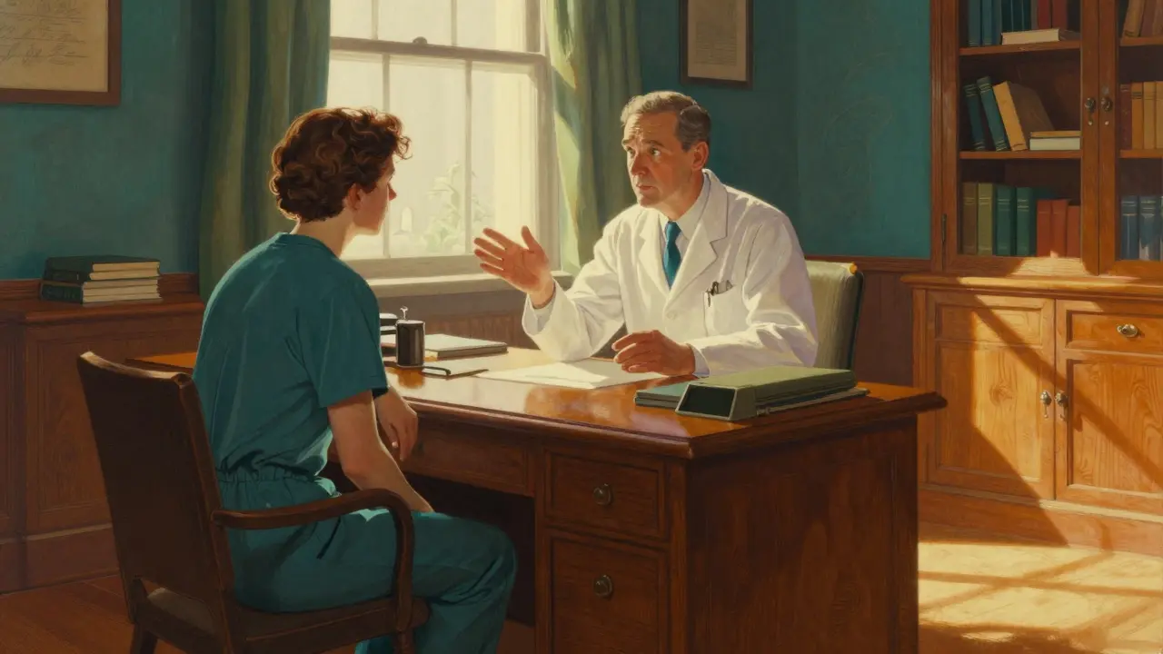 Consultazione tra medico e paziente in ufficio luminoso e accogliente.