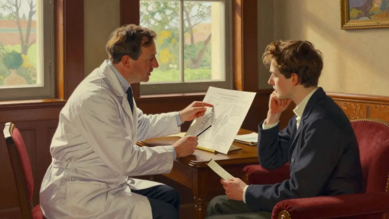 Medico che spiega l'equivalenza terapeutica a un paziente in clinica.