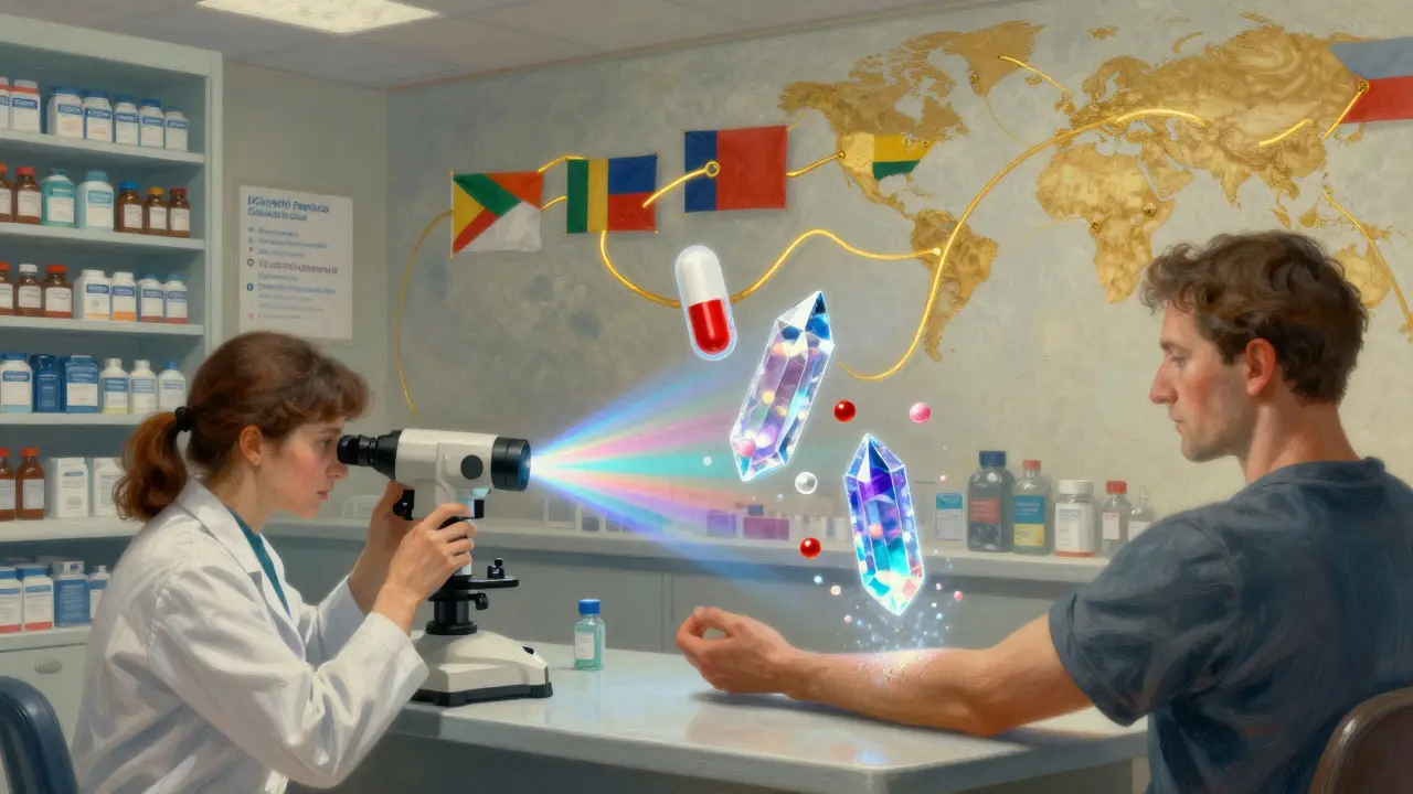 Modelli virtuali di impianti farmaceutici che si dissolvono nell'aria, con luce prismatica e un simbolo globale di standard condivisi.