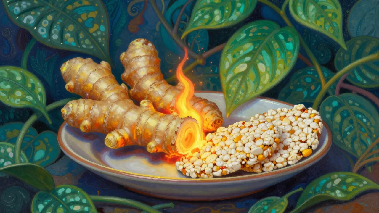 Radice di zenzero luminosa su tavolo ornamentale e cibo sano