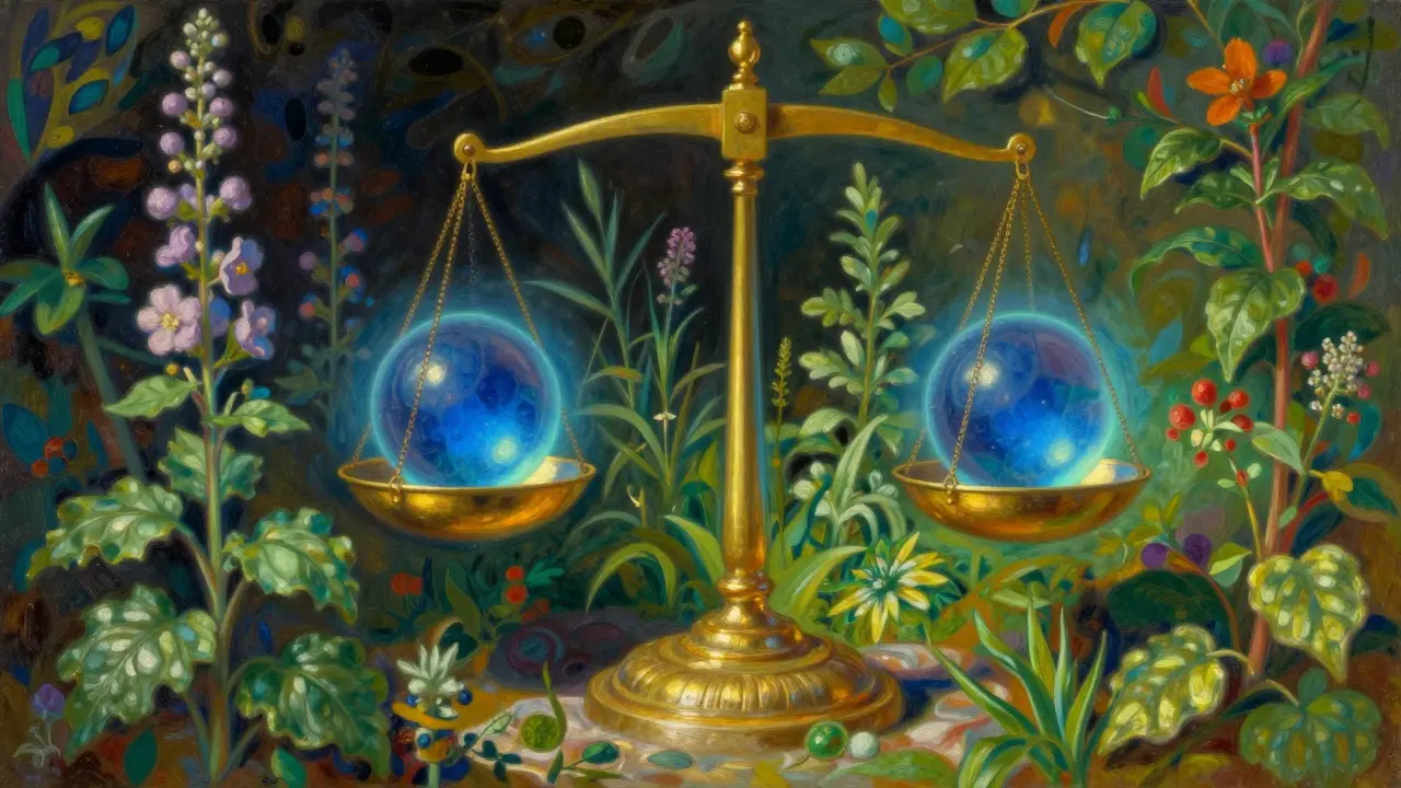 Simbolo di equilibrio medico con bilancia e sfondo naturale stilizzato.