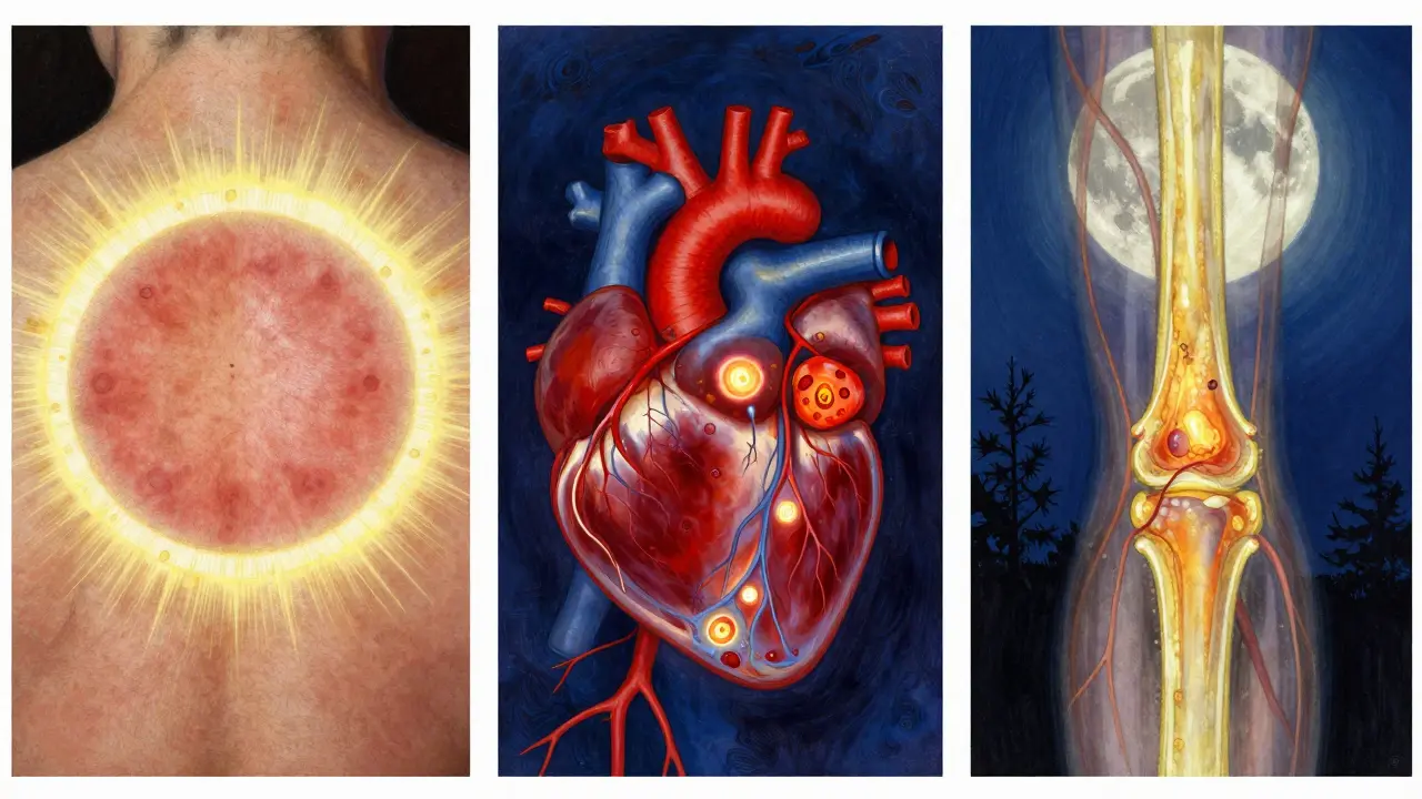 Tre fasi della malattia di Lyme rappresentate come un ciclo luminoso su pelle, cuore e articolazioni.