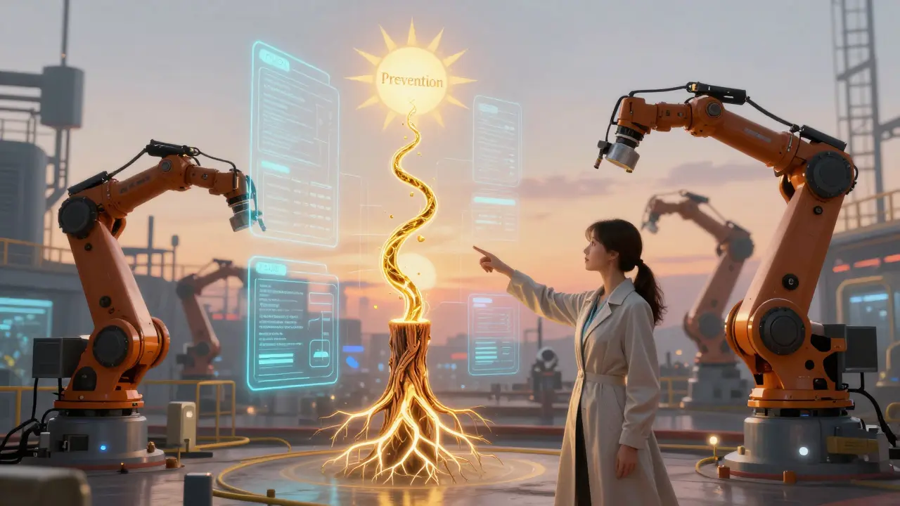 Un'ingegnere guida un sistema CAPA predittivo, con alberi di causa radice che si trasformano in viti dorate verso la prevenzione.