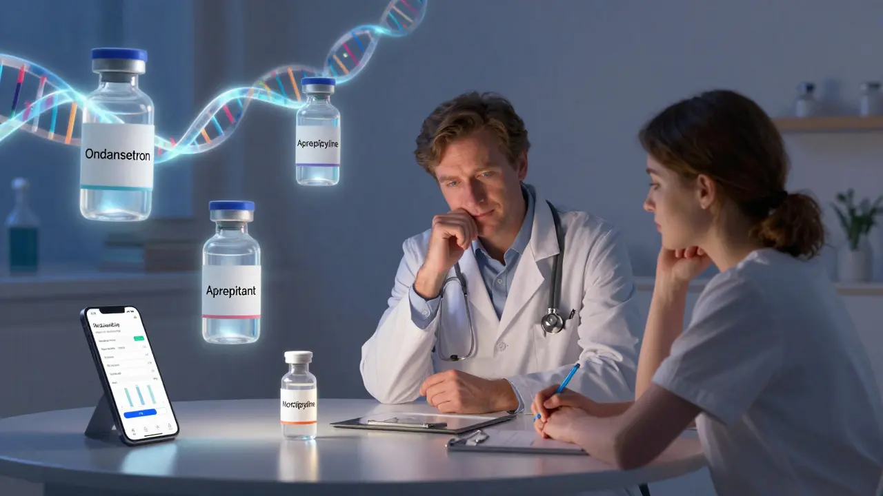 Un medico e un paziente insieme a vialli farmacologici e una spirale di DNA, in una luce eterea.