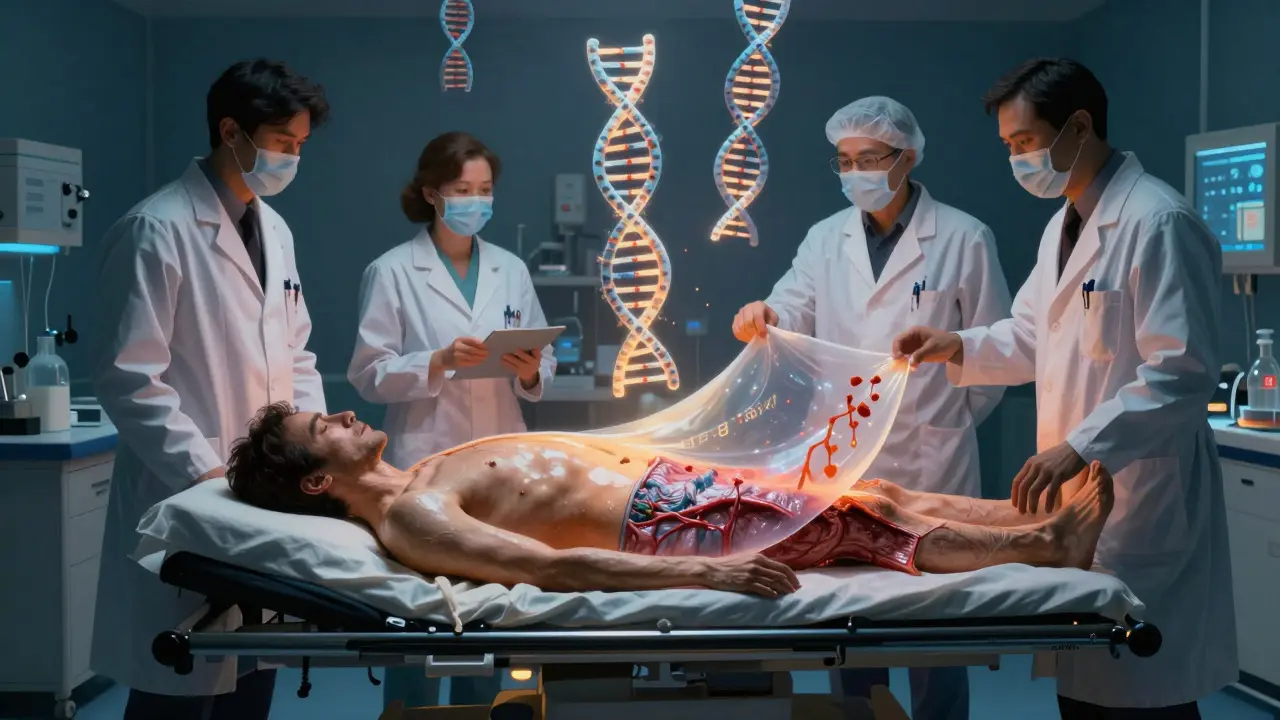 Un paziente in ospedale con un grande pezzo di pelle che si stacca, circondato da simboli genetici luminosi e personale medico.