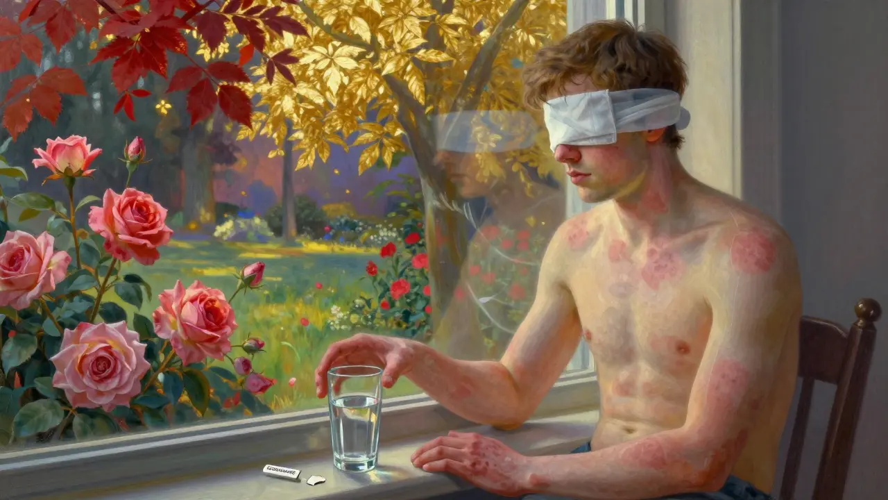 Un sopravvissuto a SJS/TEN seduto al sole, con pelle segnata e occhi bendati, mentre un giardino incantato fiorisce fuori dalla finestra.