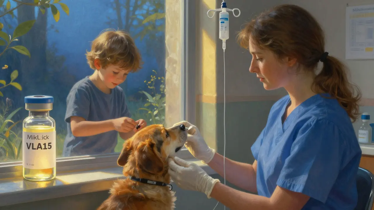 Una donna riceve una terapia IV in una clinica mentre un bambino rimuove una zecca da un cane, con un vial di nuovo test e vaccino in lontananza.