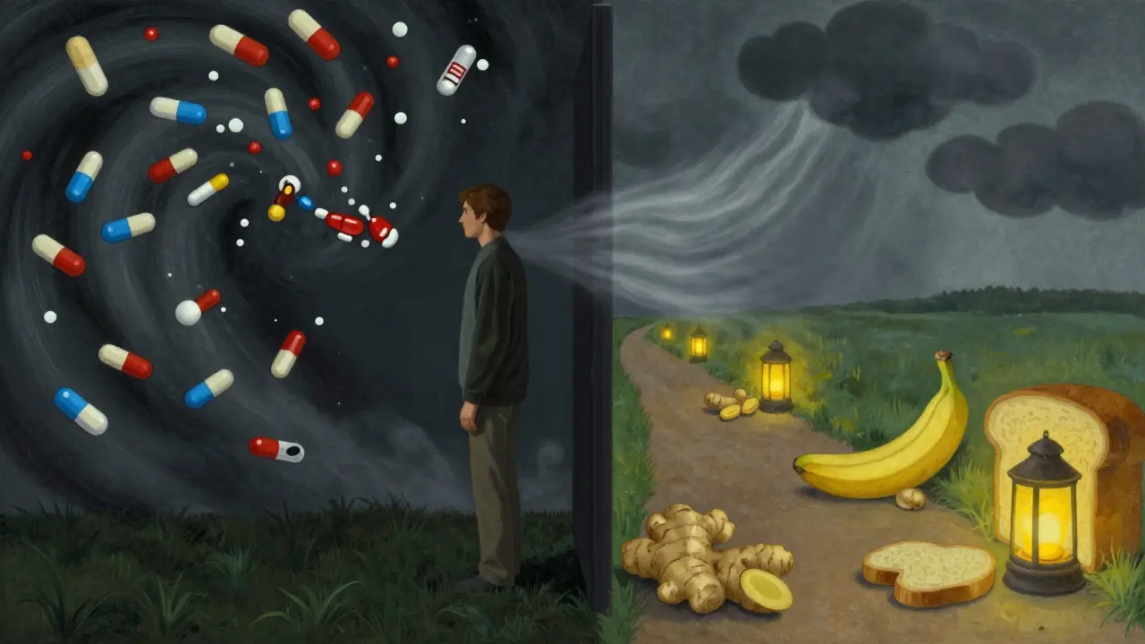 Una figura che attraversa un confine tra caos farmacologico e un percorso di alimentazione tranquilla.