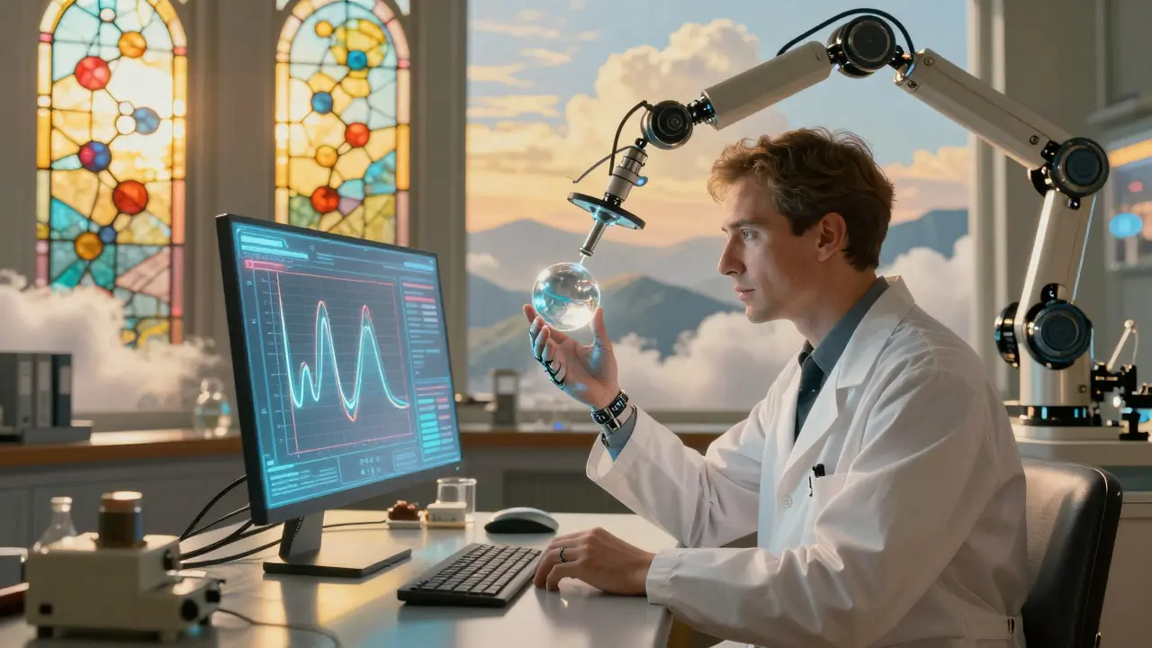 Uno scienziato e un'interfaccia AI collaborano in un laboratorio illuminato da luce dorata, con profili farmacocinetici fluttuanti.