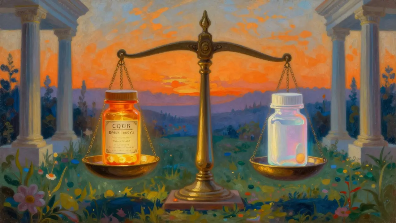 Balanza che mette a confronto un farmaco di marca e uno generico.