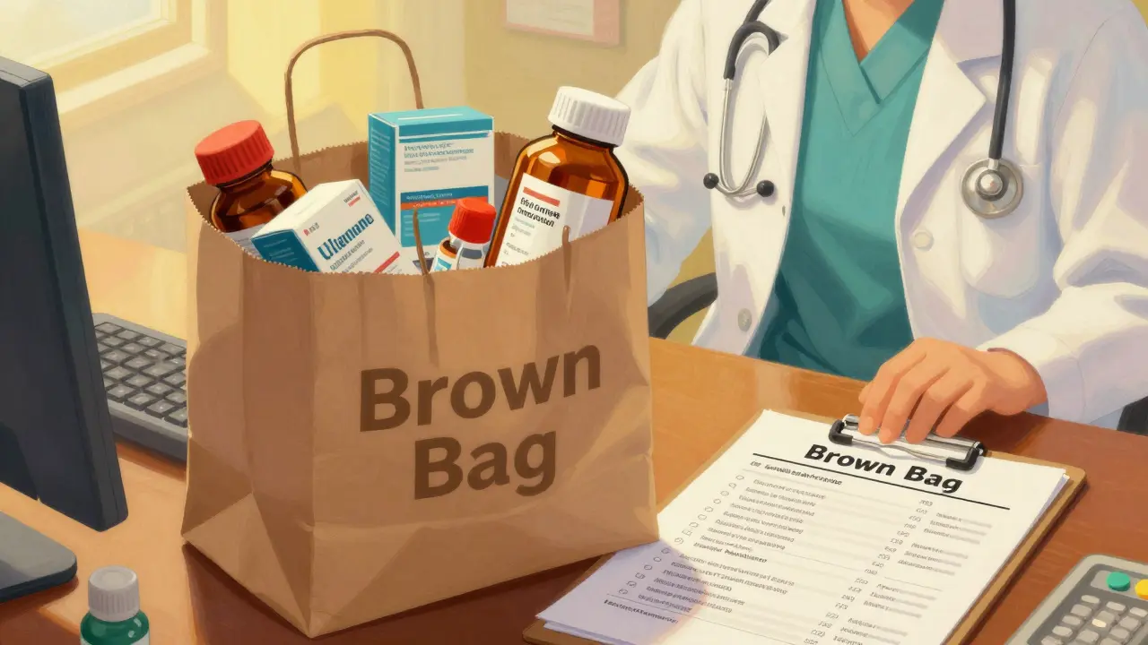 Borsa marrone con flaconi di medicinali e lista plastificata sul tavolo del medico.