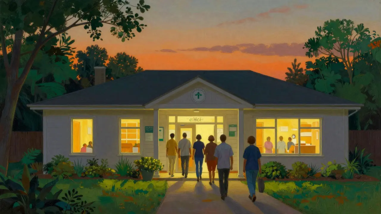 Clinica comunitaria luminosa e accogliente in un paesaggio idealizzato