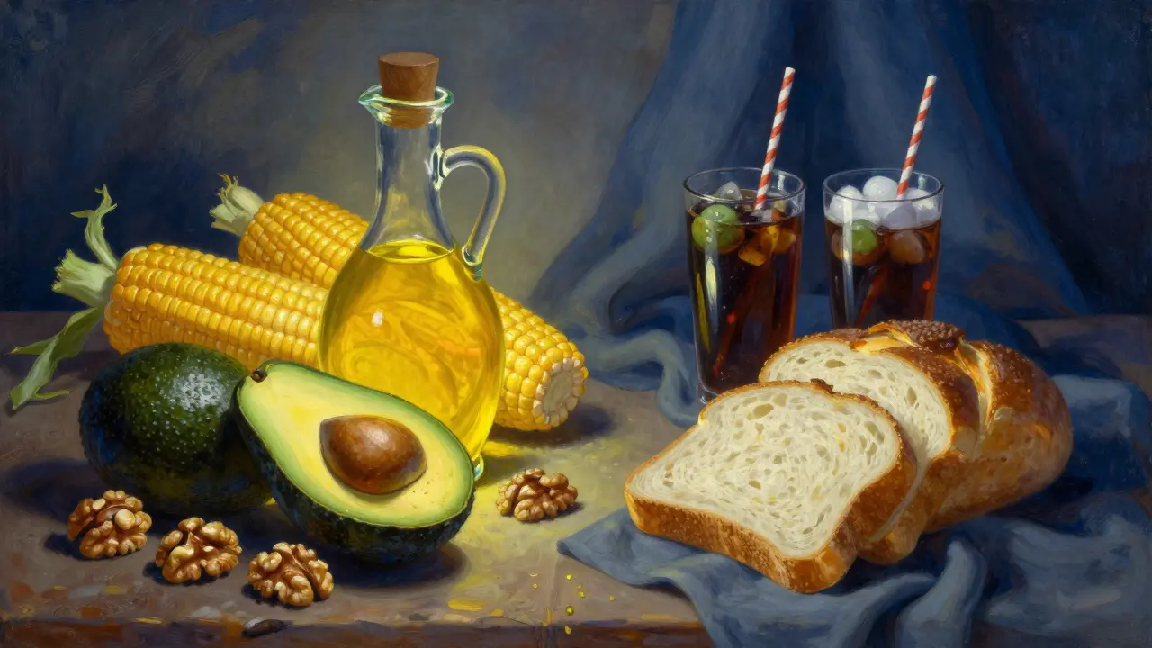 Confronto tra grassi sani come avocado e noci e cibi raffinati in stile pittorico.