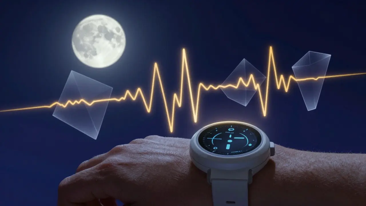 Dettaglio di un dispositivo di actigrafia con scie luminose di dati in stile artistico.