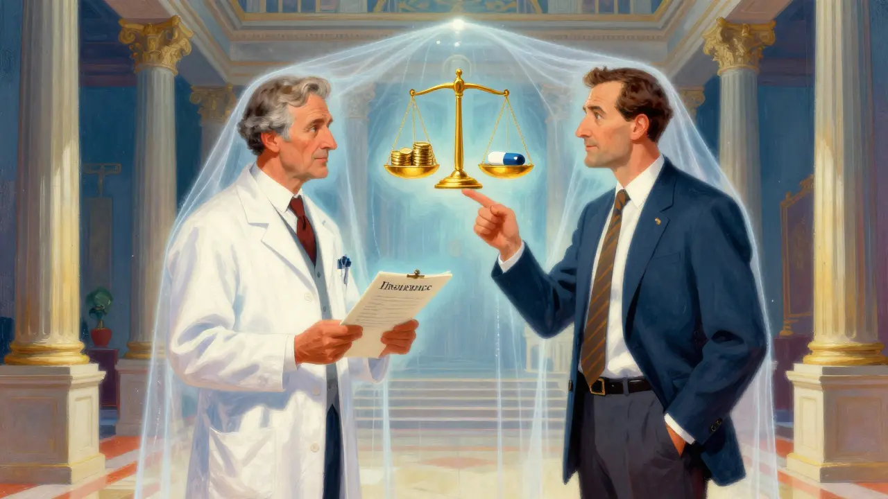 Dialogo simbolico tra un medico e un assicuratore con una bilancia tra prezzo e cura