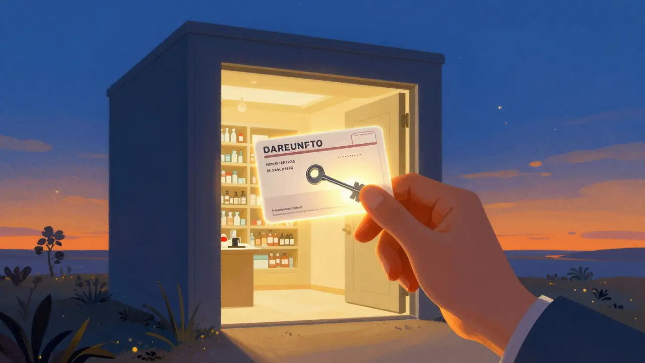 Mano con ricetta medica che apre un portale luminoso e sicuro.