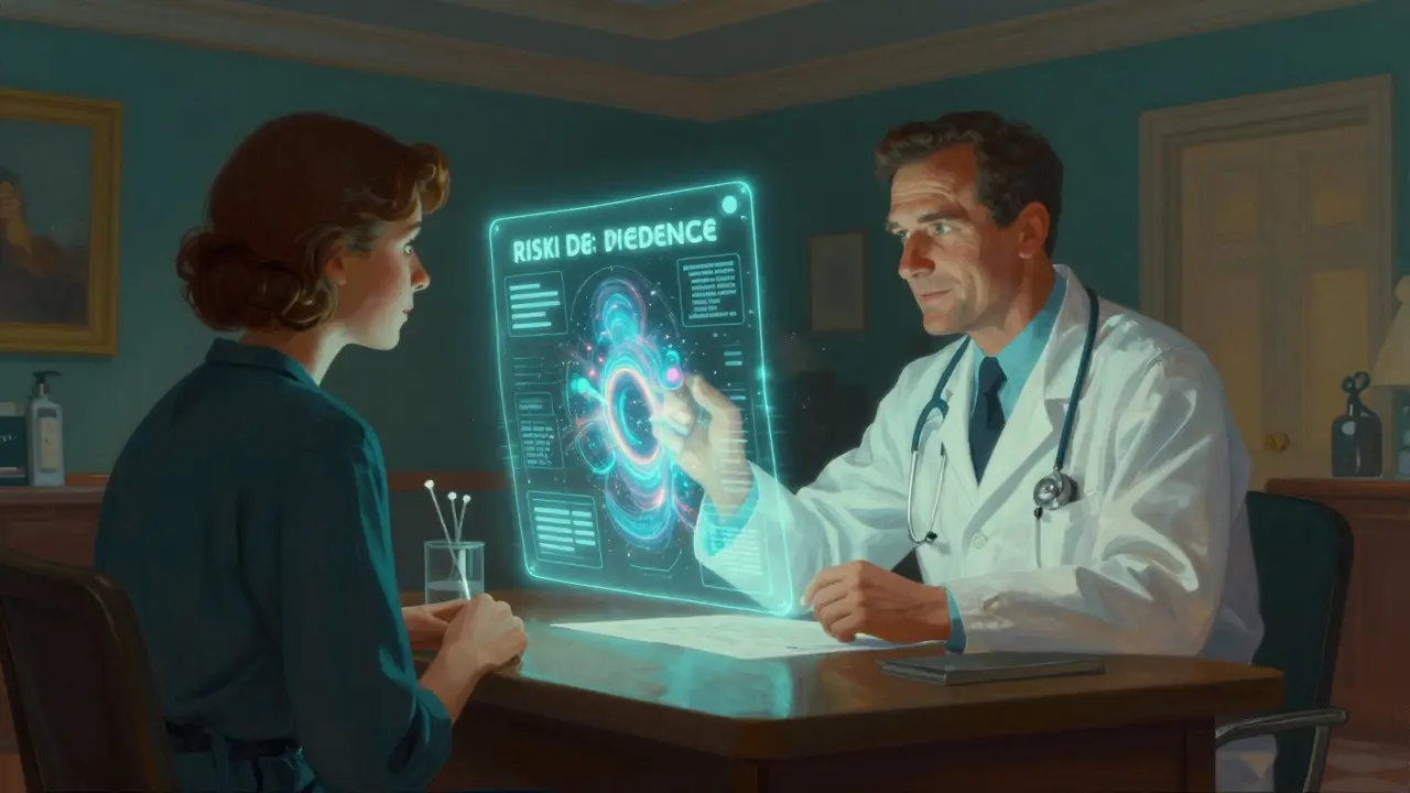 Medico e paziente che discutono i rischi dei farmaci con un grafico luminoso tra loro.