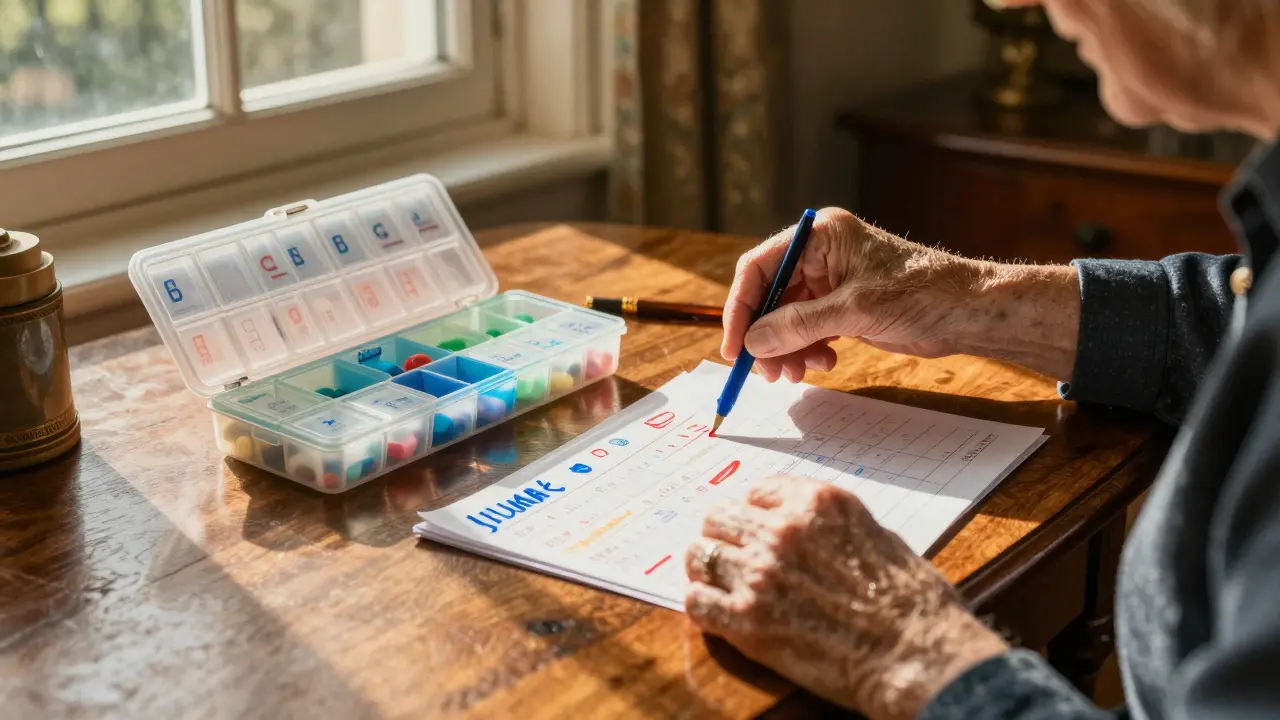 Persona anziana che organizza i farmaci con un dispenser e un calendario cromatico.