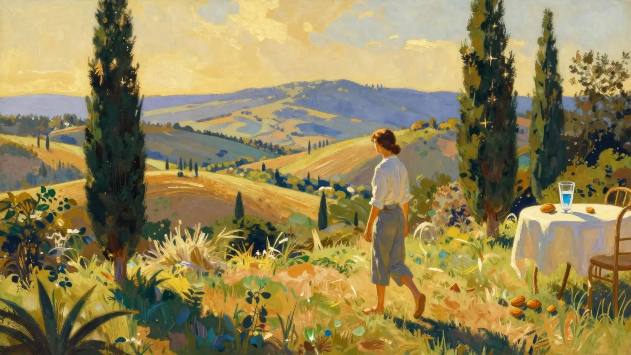 Persona che cammina in un paesaggio mediterraneo luminoso per il benessere.