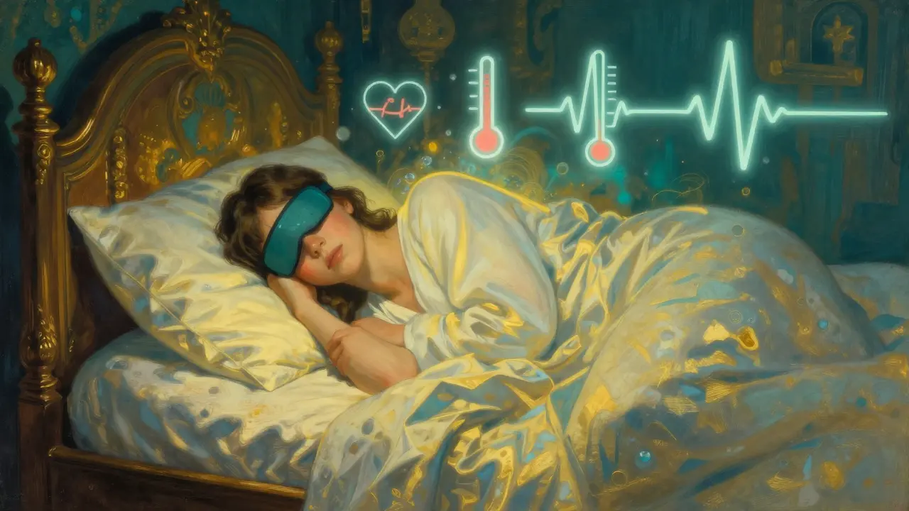Persona che dorme serenamente circondata da simboli digitali di monitoraggio del sonno.