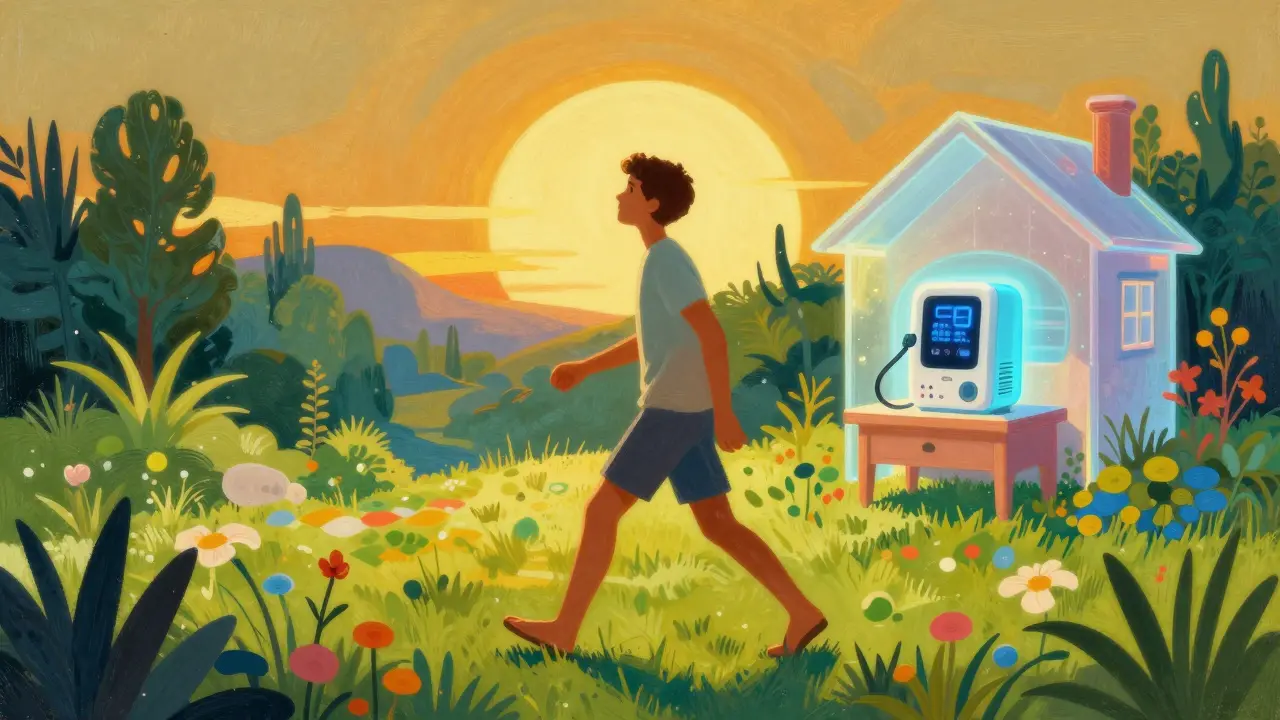 Persona energica che cammina in un paesaggio luminoso e vibrante.