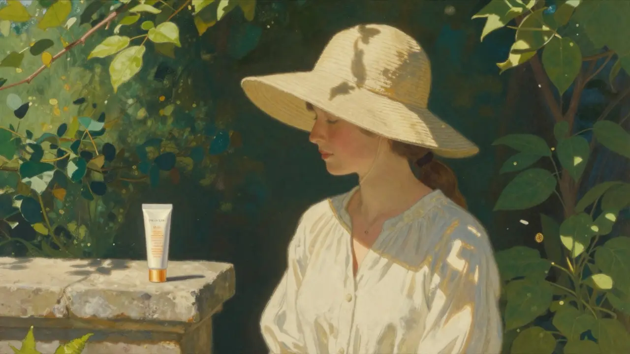 Persona protetta dal sole con cappello a tesa larga in un giardino ombreggiato.