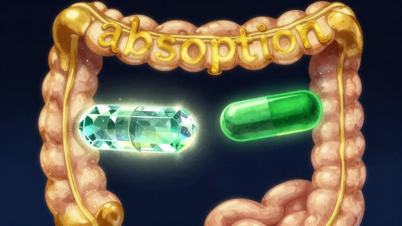 Rappresentazione artistica del processo di assorbimento dei farmaci attraverso un portale luminoso.