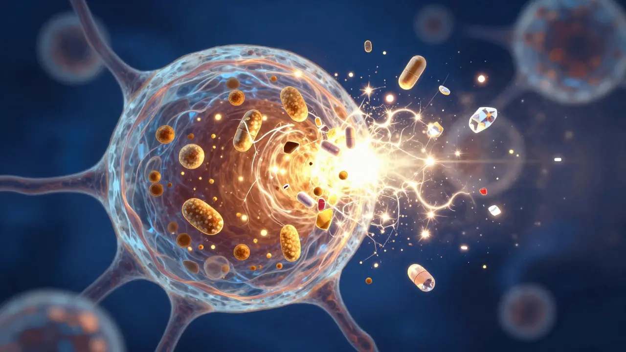 Rappresentazione artistica di raggi UV e molecole di farmaco che causano radicali liberi.